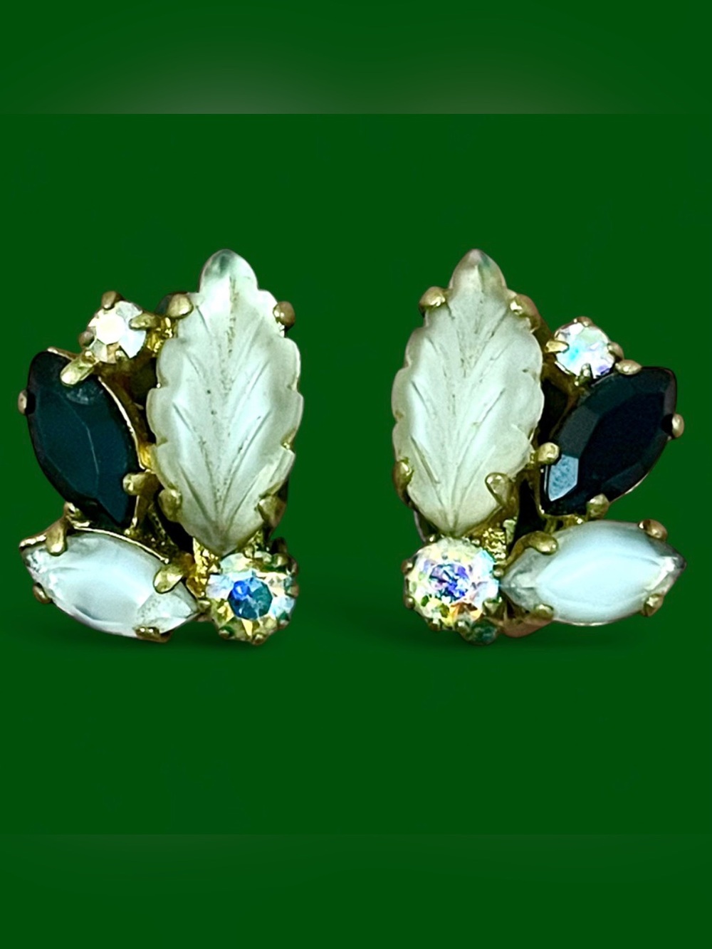 Vintage MCM Lucite Leaf Cluster Clip Earrings Black & White AB Rhinestone Gold